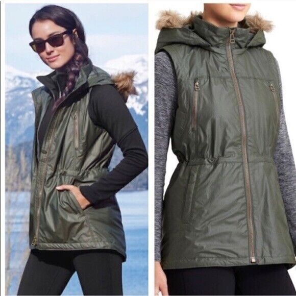 Athleta Jackets & Blazers - Athleta Green Alpine Air Vest Faux Fur Removable Hood Zip Pockets Size Large